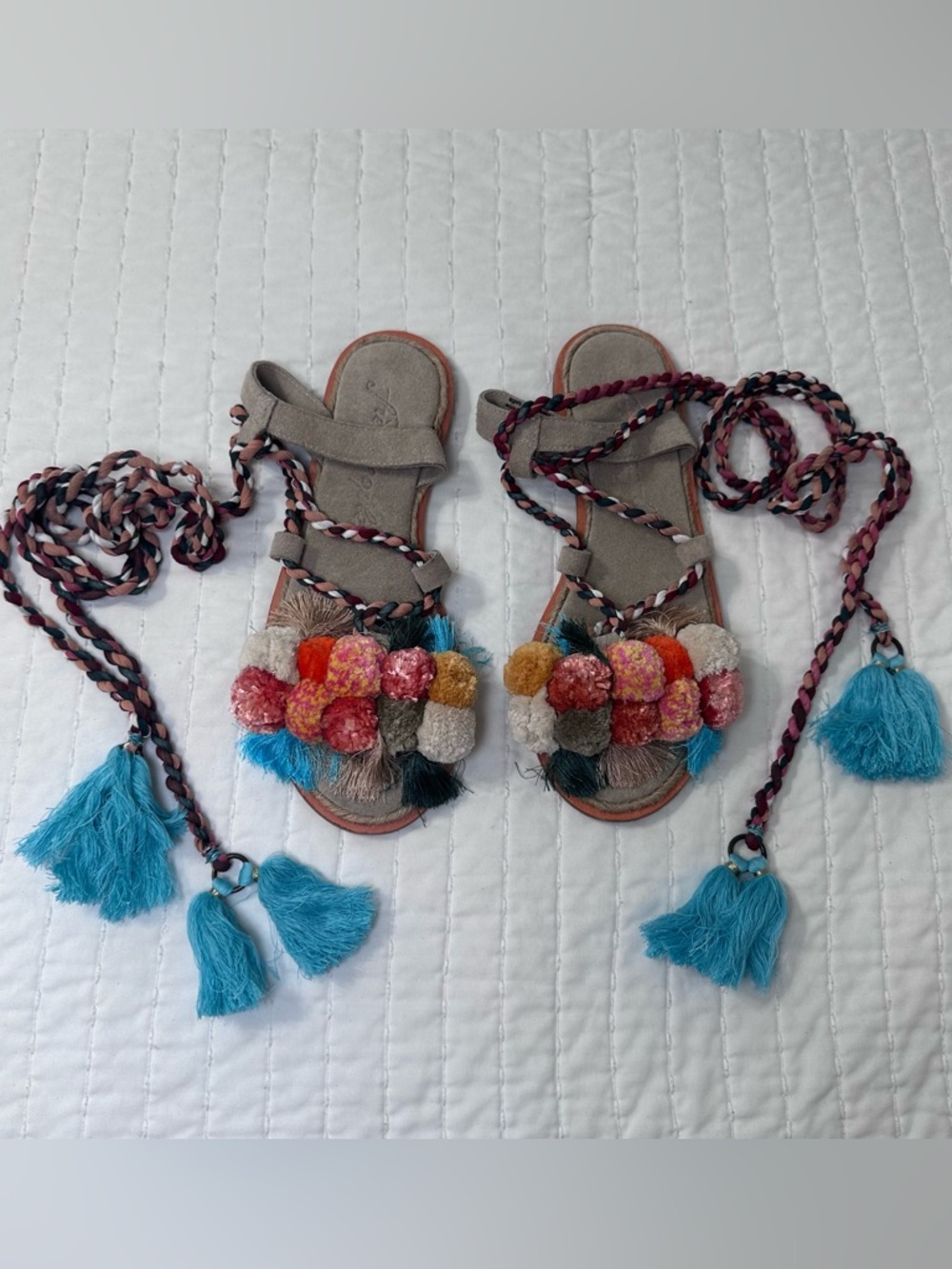 NWOB Free People Multicolor Pom-Pom Wrap Lace-Up Sandals - Picture 2 of 13